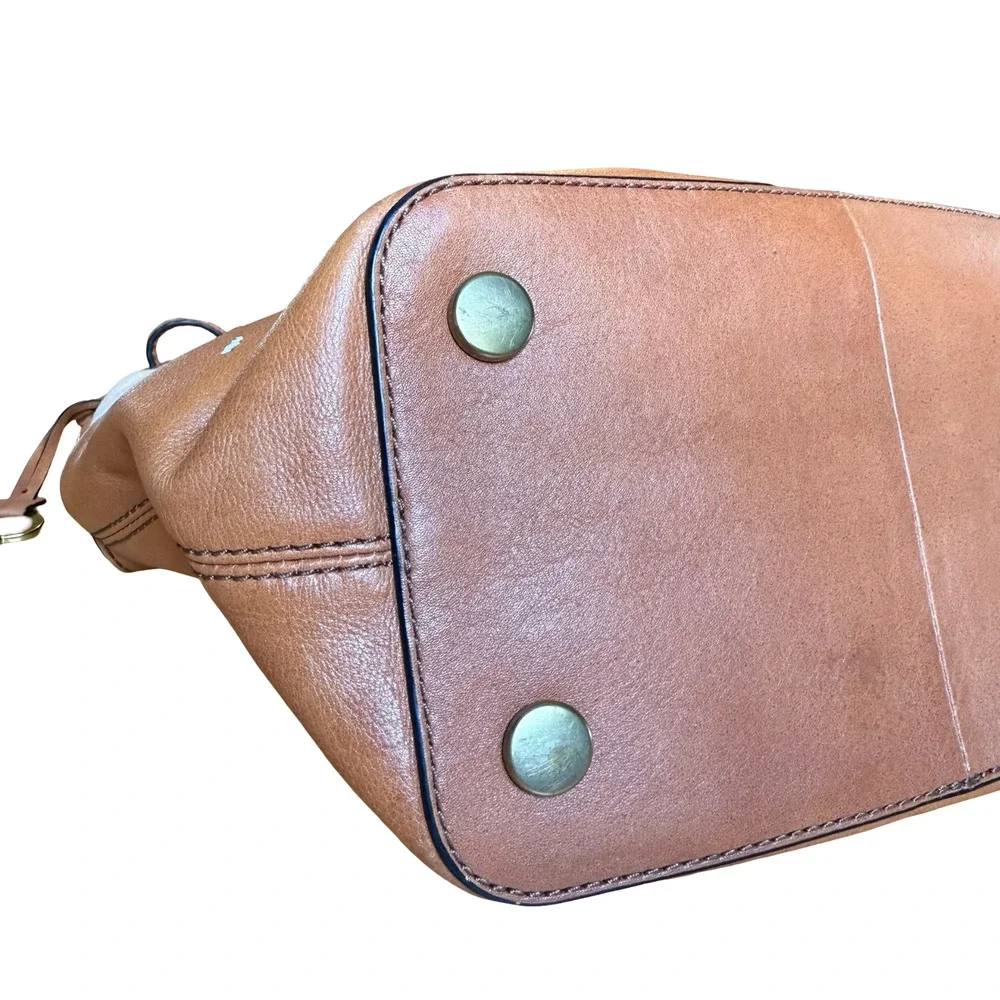 Fossil Leather & Canvas Tan Handbag Shoulder Bag Drawstring Bucket Purse 13x11x6